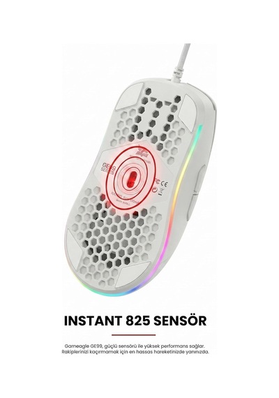Kablolu Rgb Gaming Mouse, 12800 Dpı, 69g Ultra Hafif, Petek Gövde, 5 Milyon Tıklama Ömürlü, Instant 825 Optik Sensör, Örgü Kablolu Oyuncu Mouse Mo-19 Beyaz