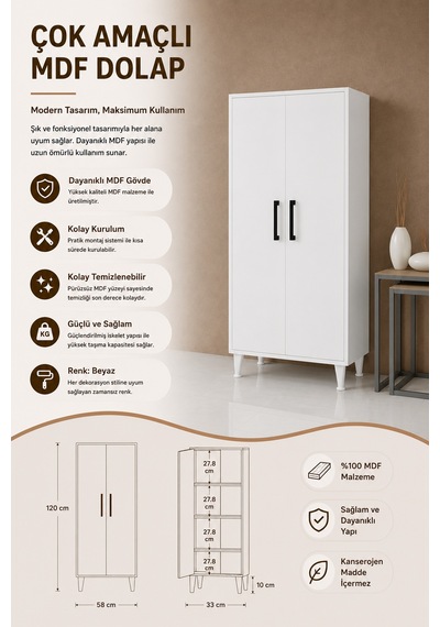 Renazzo %100 Mdf Çok Amaçlı Kiler Banyo Mutfak Dolabı Beyaz