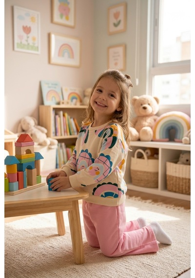 Ahengim Kız Çocuk Gökkuşağı Desenli Sweatshirt 2 Li Alt Üst Takım Ak15636 Pembe