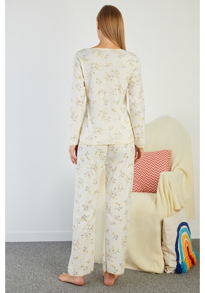 Fullamoda Çiçek Desenli V Yaka Pijama Takımı Sarı
