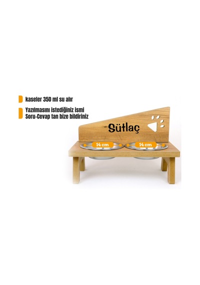 Özel Isim Baskılı, Ahşap, Çelik Kaseli Kedi- Küçük Irk Köpek Mama Ve Su Kabı