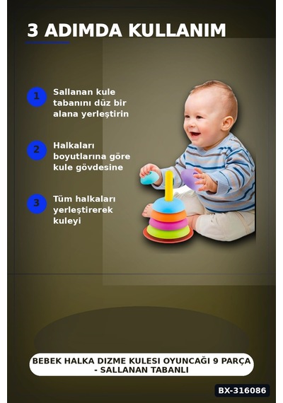 Bebek Halka Dizme Kulesi Oyuncağı 9 Parça - Sallanan Tabanlı Eğitici Set Bx-316086 Belirtilmemiş