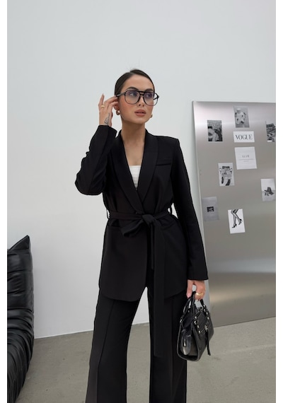 Msm Fashion Kadın İkili Kuşaklı Blazer Ceket Pantolon Takım Siyah