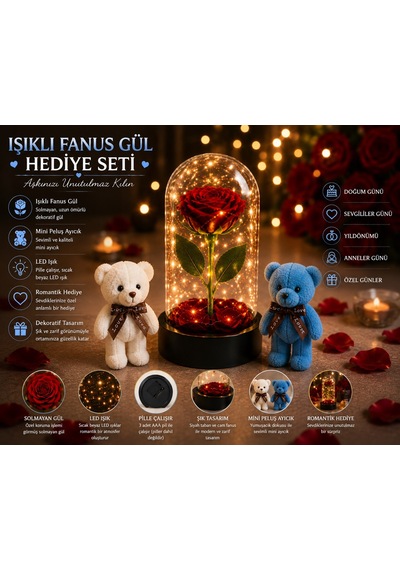 Led Işıklı Mika Fanus Solmayan Yapay Kırmızı Gül & 2 Mini Peluş Ayıcık Sevgiliye Romantik Hediye Set