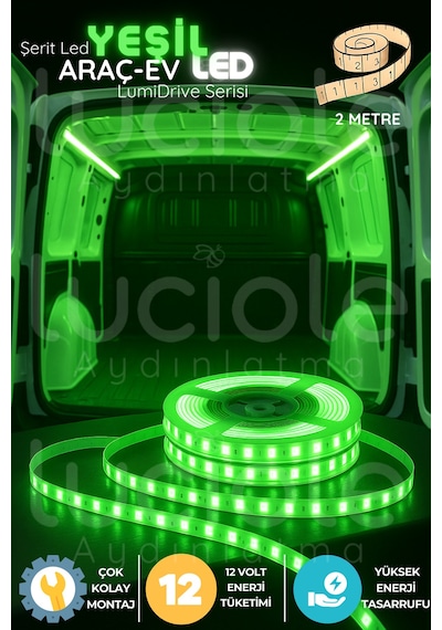 Lumidrive 2m Yeşil 12v Şerit Led Araç İçi Neon Işık, Kesilebilir, Yapışkanlı, Kablolu Model