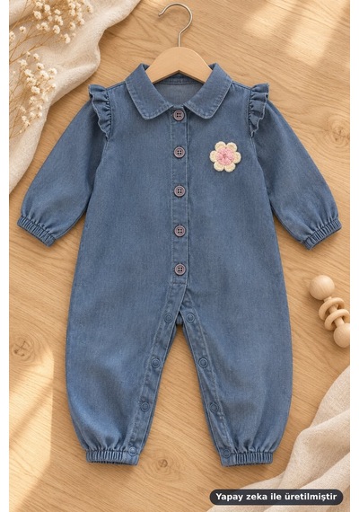 Ferasty İstanbul Kız Bebek Kot Tulum Çiçek Broşlu Bebe Yaka Mavi