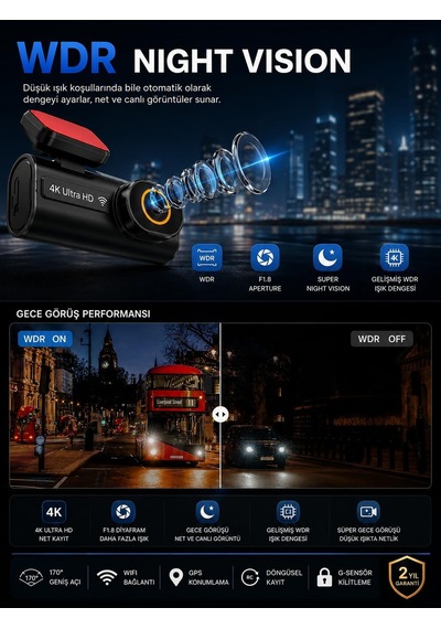 Tr 4k Ultra Hd Mini Ön Ve Arka Araç Kamerası, 64gb Hafıza Kartlı, Wifi, Gps, Gece Görüşlü