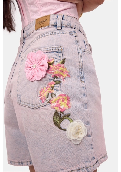 it's basic Kadın Kot Pembe 4s6-9 Mom Relax Gül Ve Nakış Detaylı Özel Tasarım Denim Şort