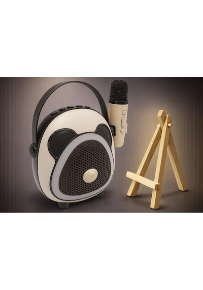 Çocuklara Özel Retro Tasarımlı Bluetooth Karaoke Mikrofon Ve Ahşap Tripodlu Koyu Kahverengi