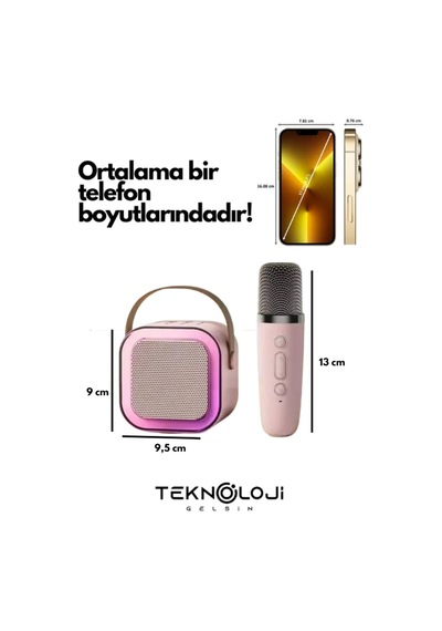 K12 Kablosuz Bluetooth Hoparlör Pembe Karaoke Mikrofon 5 Ses Efektli Rgb Hd Stereo Ses Usb/sd/fm