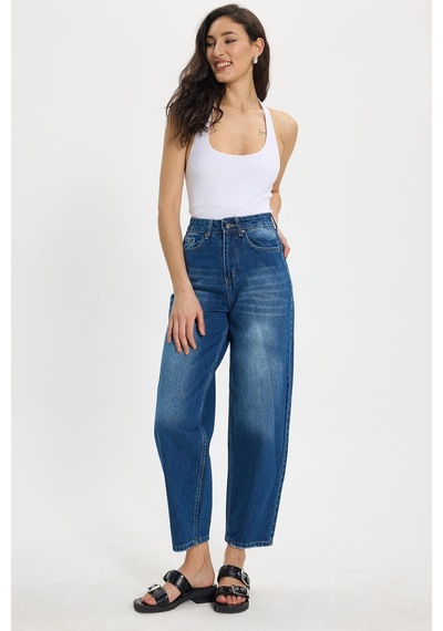 Tudors Kadın Relax Fit Rahat Kesim %100 Pamuk Cepli Geniş Paça Lacivert Jean Kot Pantolon-50730
