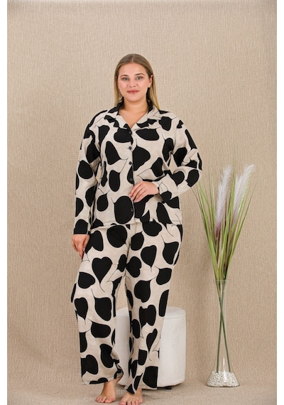 Büyük Beden Siyah Beyaz Kalp Desenli Düğmeli Uzun Kol Viskon Pijama Takımı Görsel