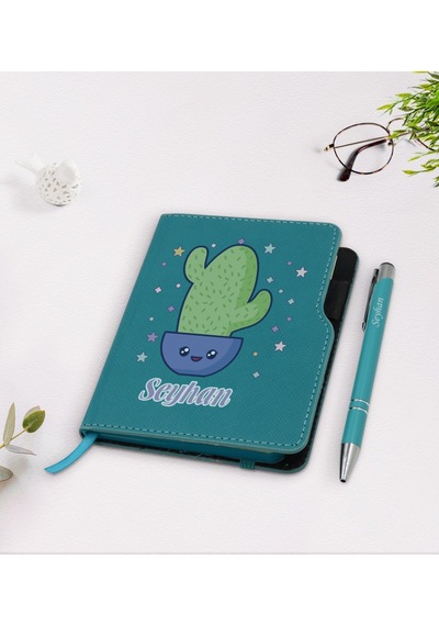 Kişiye Özel Kaktüs Tasarımlı Turkuaz Termo Deri Defter Kalem Seti N11.2138