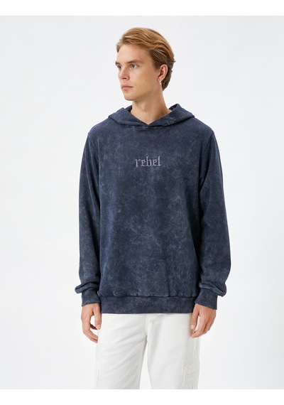 Koton Kapşonlu Sweatshirt Yıkamalı Slogan İşlemeli Ribanalı Şardonlu Mavi 4wam70275mk Mavi