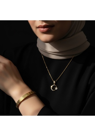 Türk Bayraklı Kolye Ve Ayetel Kürsi Bileklik Seti Gold Çelik Takı Altın