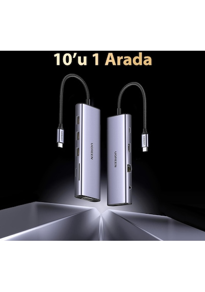 Ugreen 10IN1 Type-c To 3 Usb 3.0 4K/30Hz Hdmı Vga Gigabit Ethernet Aux Sd Tf Kart Okuyucu Çoklayıcı Hub