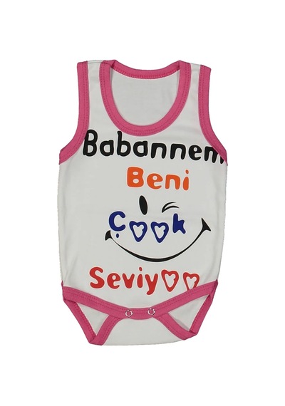 Bebegen Kız Bebek Beyaz Fuşya Biyeli Babaannem Beni Seviyor Yazılı Askılı Zıbın