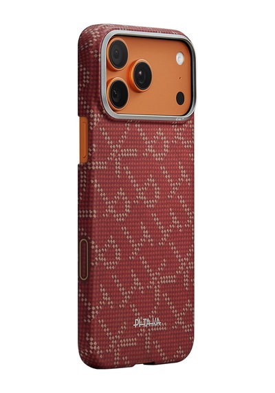 Apple Uyumlu iPhone 17 Pro  Kılıf M-safeli Aramid Fiber Pitaka Tactile Woven Monogram Serisi Kapak Kırmızı Kırmızı