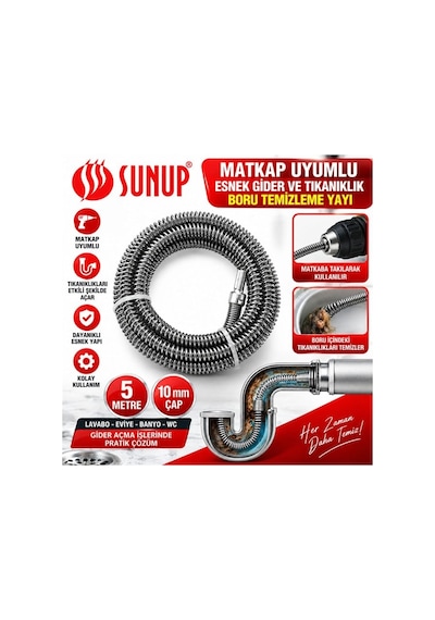 Sn-38809 5 Metre 10 Mm Matkap Uyumlu Esnek Gider Tıkanıklık Boru Temizleme Yayı Standart