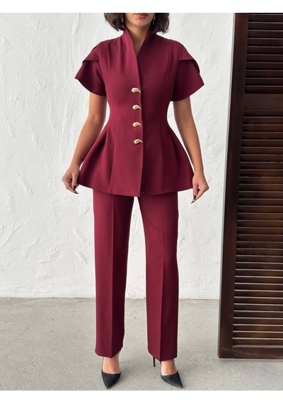 Duygudan Gold Düğme Detaylı Peplum Kesim Şık Kadın Takım - Bordo Çok Renkli