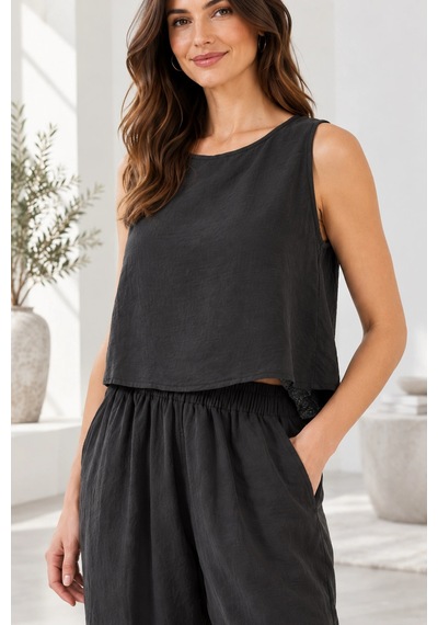Mevese Beli Lastikli Modal Pantolon & Kalın Askılı Bluz Takımı - Siyah