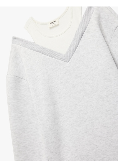 Koton Katmanlı V Yaka Uzun Kollu Pamuklu Şardonlu Sweatshirt Gri Melanj 7wkg10051ak