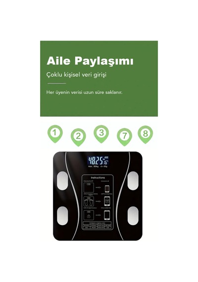 Dijital Bluetooth Baskül - Yağ Su Kas Vücut Kitle Endeksi Kilo Ölçer Tartı Vücut Analiz Cihazı Siyah