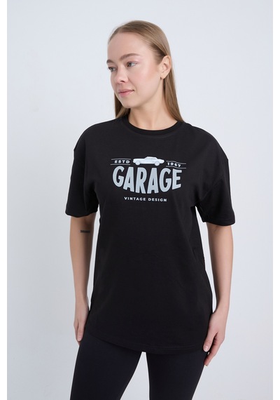 Kadın Oversize Baskılı T-shirt Siyah Garage 1967 SIYAH