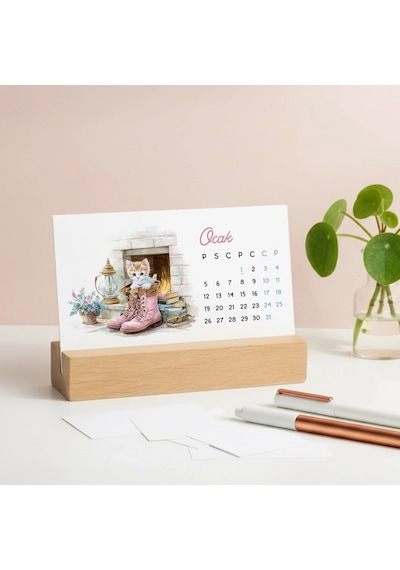 2027 Sevimli Yavru Kedili Masa Takvimi Doğal Ahşap Tabanlı Takvim Pastel Pembe Kedi İllüstrasyon