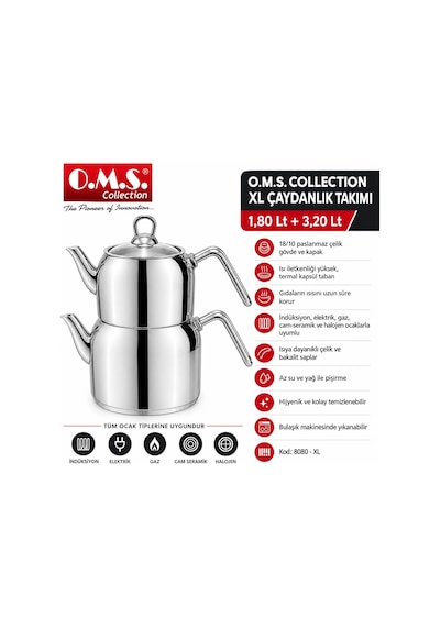 Oms 8080 Xl Maxi Boy Silindir Model Paslanmaz Çelik Çaydanlık Silver Gri