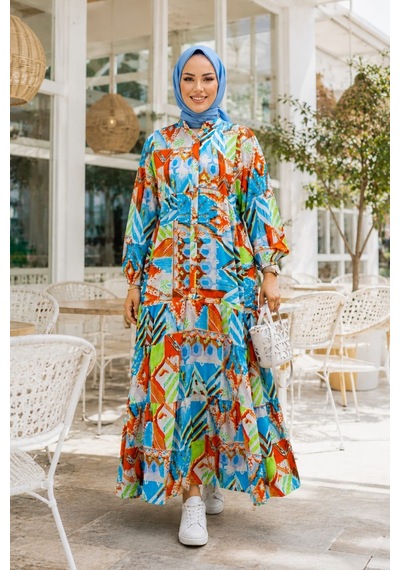 Hb Harma Time Butik Kadın Düğmeli Çiçek Desenli Mavi Modal Elbise