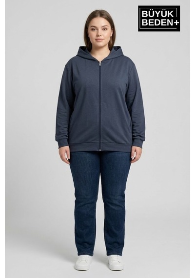 Süperlife Kadın Büyük Beden Fermuarlı Kapüşonlu İnce Sweatshirt Hırka - Rahat Kalıp Spr26bhr960 Indigo