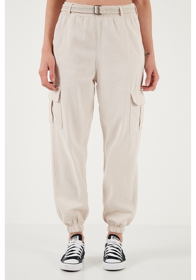 Lela Pamuklu Standart Fit Normal Bel Lastikli Paça Kemerli Jogger Bayan Pantolon 668Yp5045 Taş