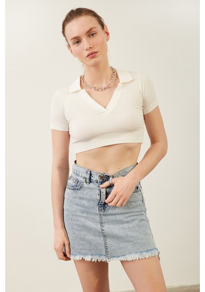 Park Karon Kadın Beyaz Polo Yaka Basic Crop Body BEYAZ