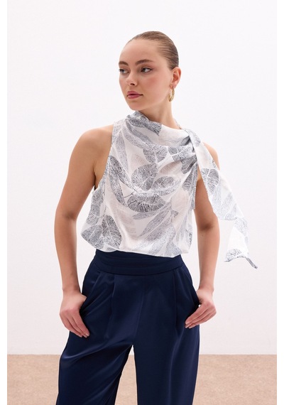 Sateen Fularlı Desenli Bluz - Siyah-136078 Siyah