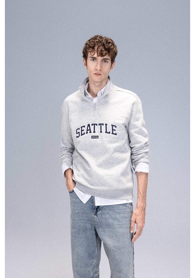 DeFacto Relax Fit Fermuarlı Dik Yaka Baskılı Kalın Sweatshirt D2168AX24AUGR389 Gri