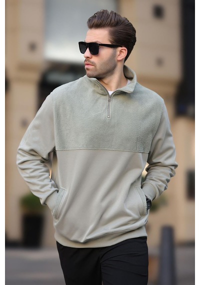 Madmext Çağla Yeşili Dik Yaka Yarım Fermuarlı Polar Sweatshirt 7096 Yeşil