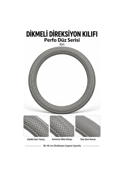 Trobus Volkswagen Touareg 2011-2018 Uyumlu Dikmeli Direksiyon Kılıfı Perfo Düz Delikli Deri Gri