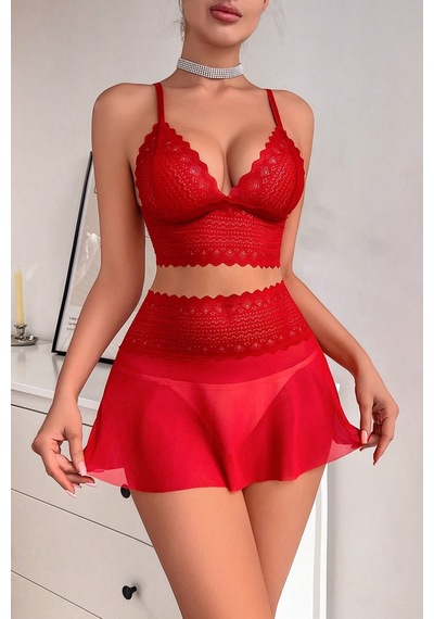Ang Butik Kadın Kırmızı Dantel Ve Tül Detaylı Etekli Şık Gecelik Takımı