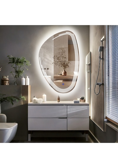 Fractura Asimetrik Led'li Kumlamalı Lavabo & Banyo Aynası Dokunmatik Sensörlü 80 X 50 Cm Beyaz