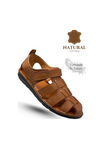 Sermoda %100 Hakiki Deri Burnu Kapalı Erkek Sandalet Şırıngıl Taba