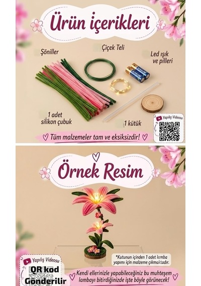 Çan Çiçeği Gece Lambası Kit Seti,renk Pastel Pembe, Tel Şönilden Tüylü Şönil Seti