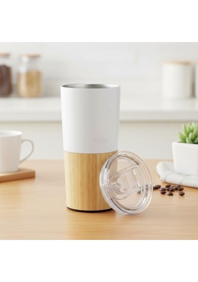 600 Ml Bambu Tabanlı Çelik Termos Mug - 5 Farklı Renk Seçenekli Sıcak Ve Soğuk Tutucu Seyahat Bardağı Beyaz Açık Beyaz