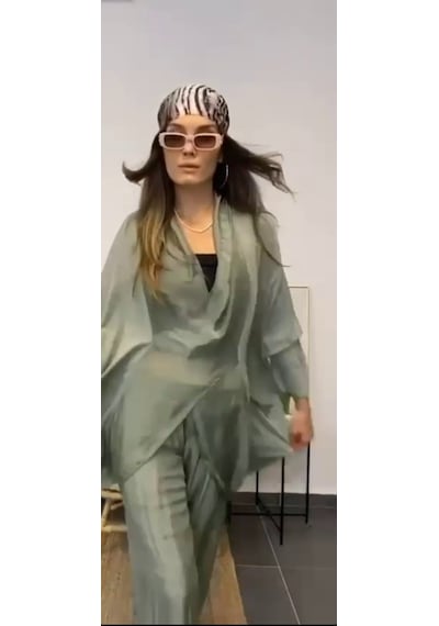 Bohem Stil Italyan Ipek Detaylı Oversize Kap Bluz- Wes Pantolon Takım Haki