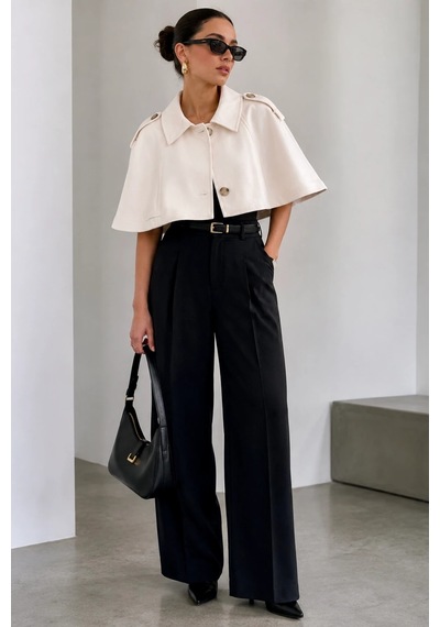 Bb Butik Basic Kadın Premiun Omuz Apoletli Crop Panço Trençkot Fs3434 beyaz