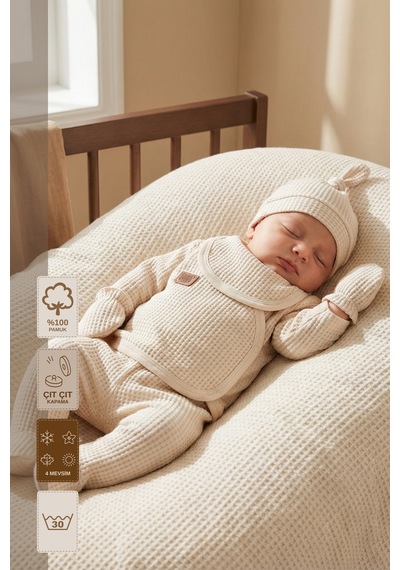 Minory Baby - %100 Pamuk 5'li Hastane Çıkışı Seti Yenidoğan 5'li Set Waffle Kumaş Battaniyesiz Bej Bej