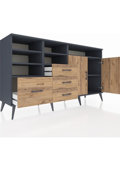 Kronos Konsol 7 Raflı 4 Çekmeceli 2 Kapaklı 176x59x99 Antrasit-ça Antrasit-çam