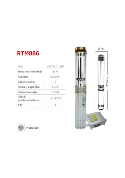 Rtrmax Rtm886 Derin Kuyu Dalgıç Pompa Monofaze 1.5Hp - 1100W