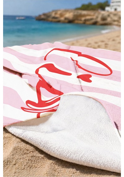 Pembe Çizgili Ciao Yazılı Plaj Havlusu - Modern Marine Stil Havuz Deniz Banyo Sahil Örtüsü Çok Renkli