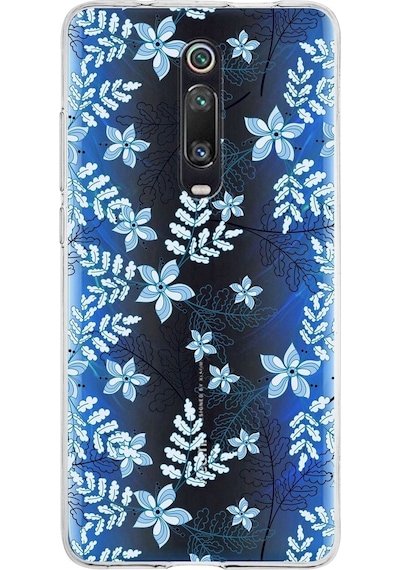Xiaomi Mi 9t Pro Uyumlu Kapak Floral Mavi Tasarımlı Şeffaf Silikon Kılıf